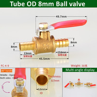 Czerwony uchwyt mały zawór 6mm 8mm 10mm 12mm 14mm króciec do węża Inline mosiądz woda olej powietrze paliwo gazowe linia zawór kulowy łączniki rurowe 4
